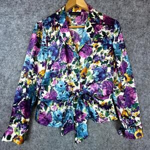 Vintage Jones New York Signature Blouse M Watercolor Tie Front Peplum Romantic